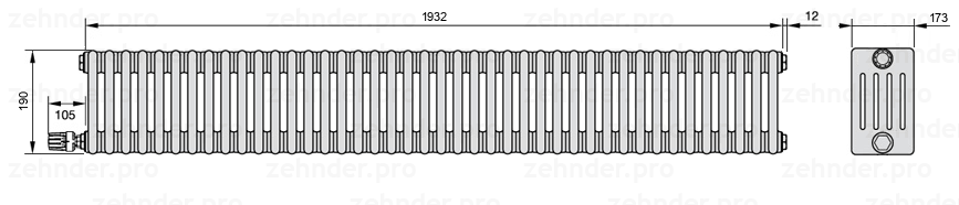 Схема (чертеж) Радиатор Zehnder Charleston 5019/42 №V003 Белый глянцевый RAL 9016